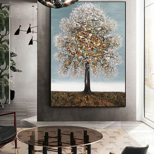 pure hand painted oil painting fortune tree hallway hanging painting living room sofa background wall decorative painting nordic light luxury gold foil mural