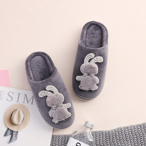 Cartoon Cute Rabbit Men‘s and Women‘s Cotton Slippers Home Autumn and Winter Non-Slip Thick Bottom Embroidery Plush Slippers Cross-Border Foreign Trade Spot