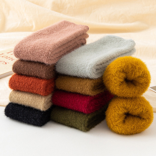 Socks Autumn and Winter Mink Fur Women‘s Fleece-Lined Thick Mid-Calf Length Socks Keep Warm Pure Color Snow Socks Confinement Socks Wholesale Customized