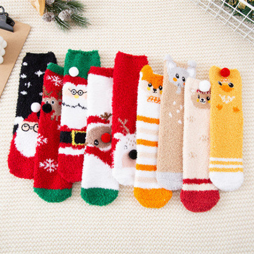 christmas socks lint-free women‘s half-edge velvet mid-calf socks home floor sleep socks coral velvet straight parent-child socks