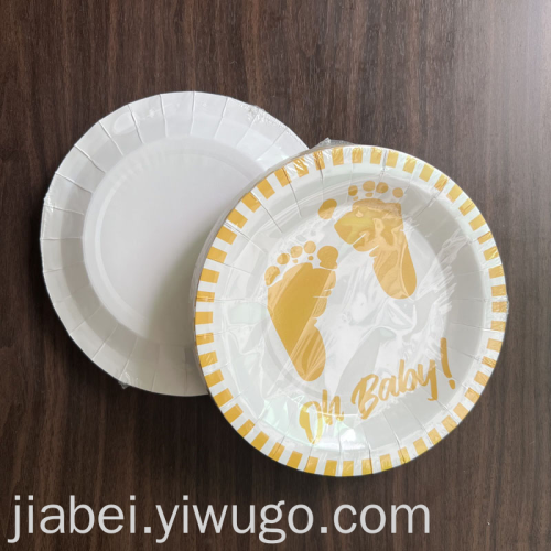 disposable paper tray thick white cardboard plate footprints printing wide pattern 7-inch 9-inch round paper plate party paper plate
