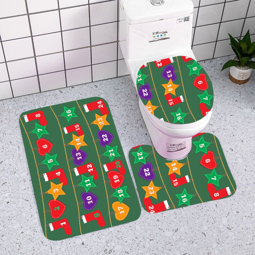 Christmas Three-Piece Set Toilet Mat Home Bathroom Water-Absorbing Non-Slip Mat Flannel Printed Carpet Floor Mat