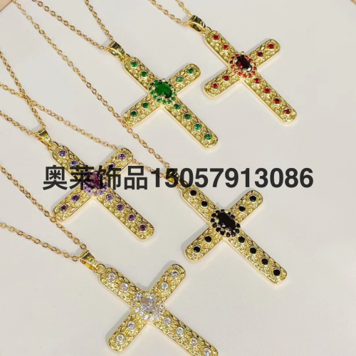 Religious Belief Europe and America Cross Border Supply Color Zircon Cross Necklace Pendant Wild Personality Clavicle Chain Accessories 