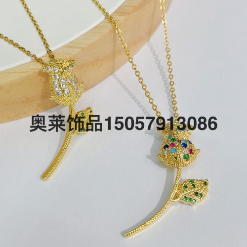 Cross-Border Rose Pendant Necklace Accessories · Ins Style Niche High-Grade Color Tulip Copper Zircon Necklace