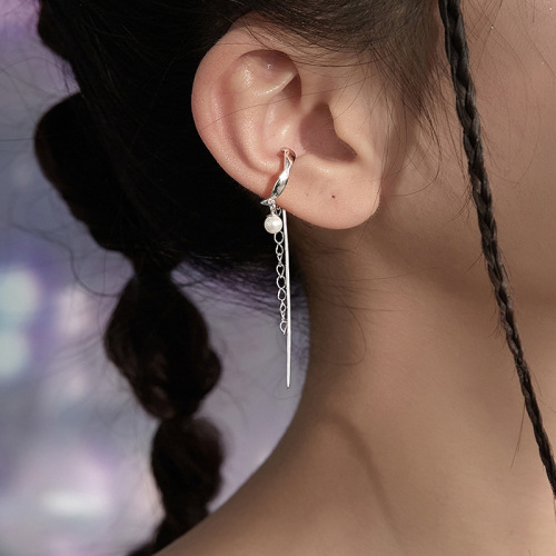 Stylish Long Straight Pearl Tassel Ear Clip Non-Pierced Female Trend Chain Wave Clip Earrings Ins Korean Style