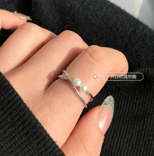 Diamond-Embedded Artificial Pearl Ring Women‘s Fashion Personality Affordable Luxury Fresh Double-Layer Cross Ring Opening Adjustable