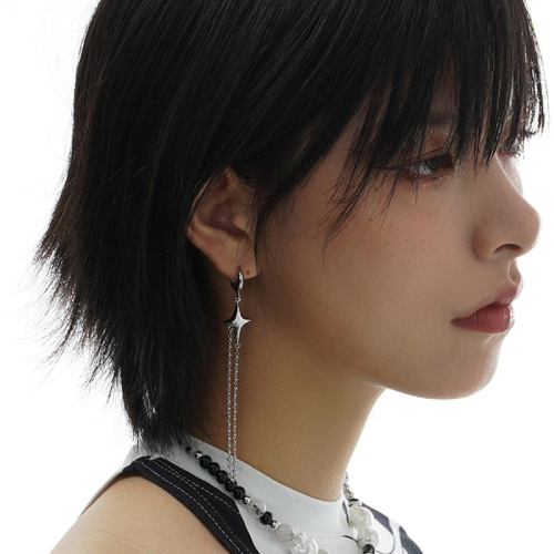 Personality Asymmetric Four Eight-Pointed Stars Earrings Fashion Black Zircon XINGX Cross Chain Ear Clip Long Design