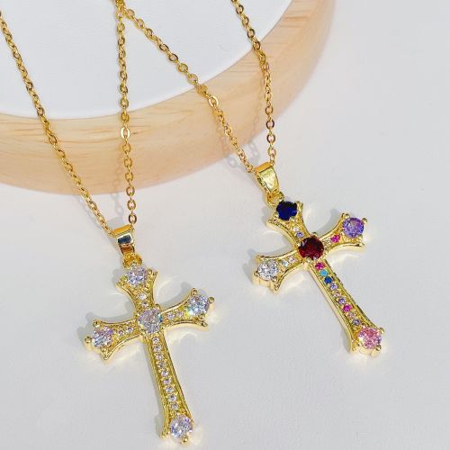 european and american fashion niche personality color geometric cross necklace pendant jewelry accessories female micro inlaid zircon wild
