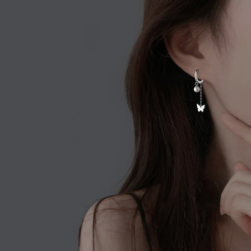 short pearl small ear buckle korean internet celebrity niche elegant sweet tassel butterfly ear ring earrings female ins trend