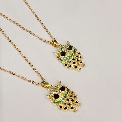 cross-border supply fashion copper micro inlaid zircon jewelry copper plated real gold personality owl pendant necklace