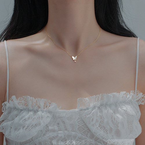 Flash Diamond Water Drop Bead Tassel Pendant Necklace Clavicle Chain Female Korean Temperament Niche Design Shell Butterfly Necklace