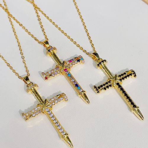 Religious Belief Personality High Sense Design Color Zirconium Nail Cross Necklace Pendant Accessories Handmade