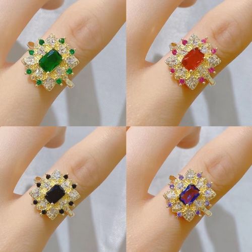 Advanced Design Sense Ins Style European and American New Imitation Gem color Zircon Ring 18K Gold Plated Open Ring Female