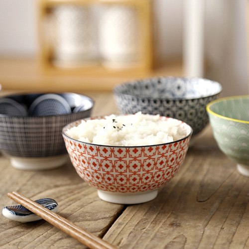 4.5-Inch Threaded Bowl Nordic Creative Printing Underglaze Porcelain Tableware Household Porridge Soup Bowl Xiaomi Rice Bowl