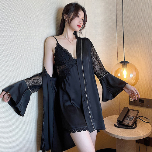 Customized Stitching Solid Color Sexy Nightgown Two-Piece Women‘s Small Suspender Skirt Thin Long Sleeve Comfortable Home Pajamas