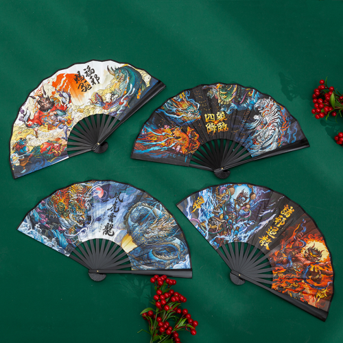 -Inch National Fashion Ancient Style Folding Fan Dragon Tiger Zhongqi Domineering Silk Cloth Folding Comic Fan 