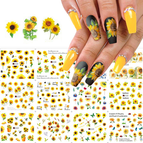 Cross-Border New Arrival Nail Beauty Water Printing Stickers Foreign Trade Exclusive Golden Sunflower Butterfly Color Watermark Nail Sticker