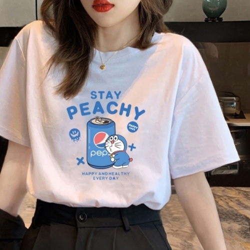 2022 Summer Korean Style Women‘s round Neck Printed White Short Sleeve T-shirt Stall Clothing New Women‘s Base Shirt