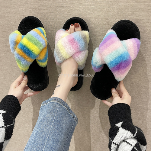 New Colorful Cross Slippers Women‘s Colorful Furry Warm Open-Ended Slippers Home Cotton Slippers
