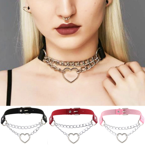 super cool harajuku peach heart-shaped chain collar necklace fashion trend leather heart-shaped collar necklace neck chain clavicle chain