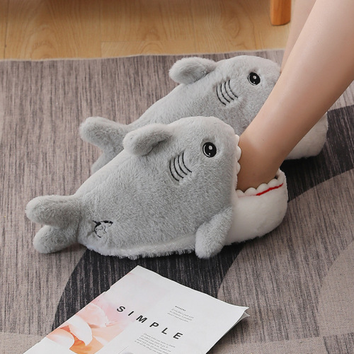 New Winter Shark Bag Root Shoes Cotton Slippers Indoor Couple Thick Bottom Funny Tiger Shark Plush Cotton Slippers