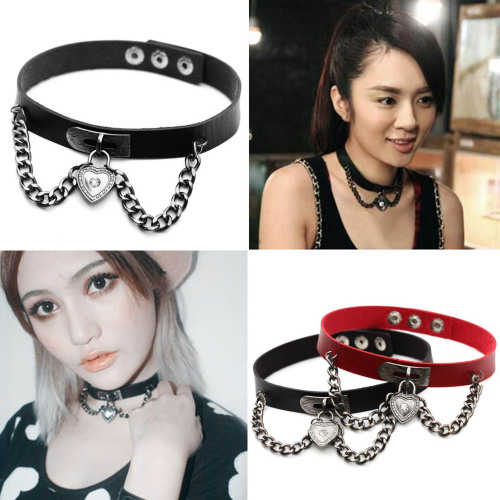 I Love My Boyfriend Fang Yiyi Xiao-Chen Wang Same Necklace European and American Punk Harajuku Style Heart-Shaped Lock Leather Chyer Neck Band