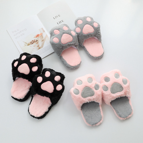 Cotton Slippers Women‘s Artificial Rabbit Fur Cat Paw Slippers Indoor Home Plush Antiskid Shoe Cute Home Fluffy Slippers