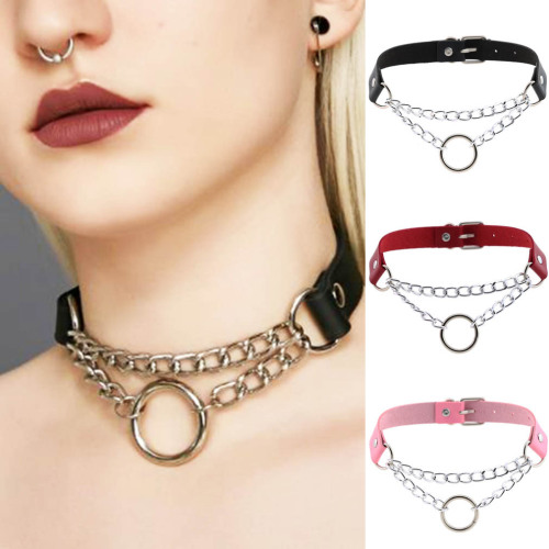 european and american personality fashion pu leather ring collar necklace punk street shot chain o-ring neck strap neck chain clavicle chain