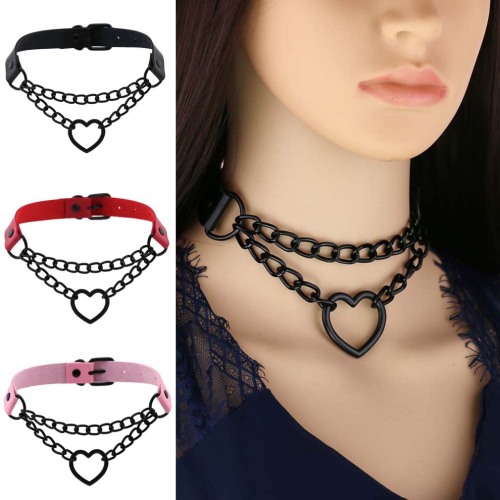 europe and america harajuku peach heart black chain collar necklace fashion trend pu leather love collar neck chain clavicle chain