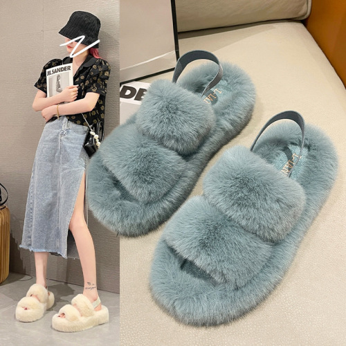 Cross-Border plus Size Fluffy Slippers Women‘s Outer Wear Thick Bottom Embroidered Ribbon Home Indoor Heel Band Two Pieces Cotton Slippers Wholesale