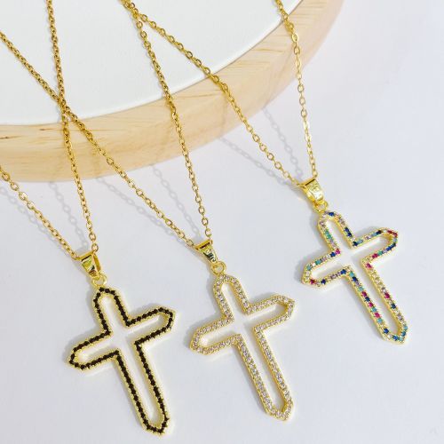 copper zircon micro-inlaid gold-plated european and american cross-border supply wholesale religious belief hollow cross necklace pendant accessories