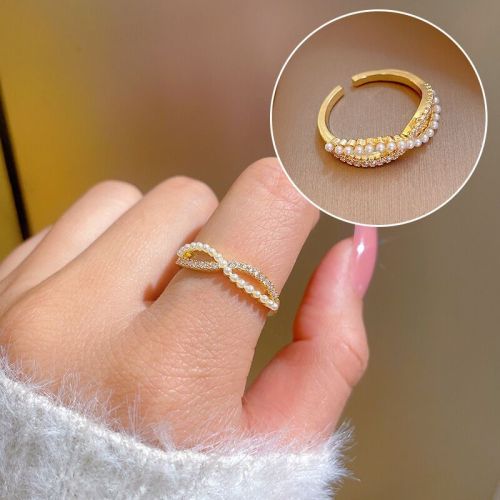 cool style fashion all-match small fresh girlfriends pearl ring opening adjustable copper zircon gold plated jewelry