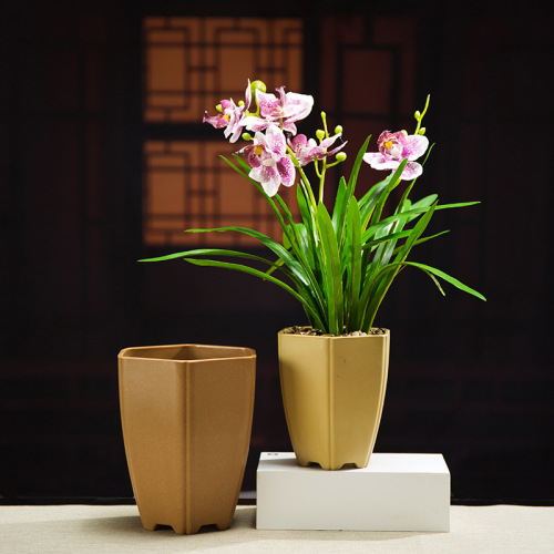 New Retro Six-Side High-Leg Basin Solid Color Chinese Style Imitation Purple Sand Desktop Decoration Breathable Potted Flower Pot