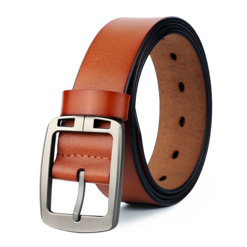 pure yellow leather men‘s belt leather casual pin buckle belt men‘s retro alloy buckle belt factory direct sales