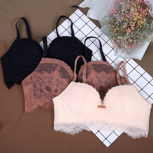 new triangle cup front button bra lace small chest sexy underwear no steel ring adjustable french bra set