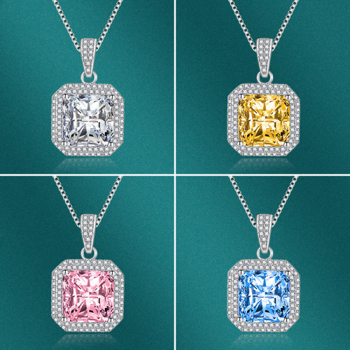 AliExpress Wish Colorful Crystals Necklace Simple Princess Square Pendant Inlaid Yellow Diamond Pink Diamond Wedding Jewelry Hot Sale