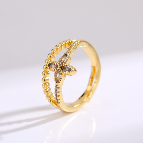 Korean Simple Niche Fashion Ring Female Ins Cold wind Opening Zircon Four-Leaf Lucky Grass Ring Ring 
