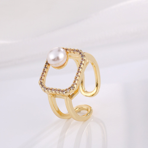 Korean Style Personalized Open-End Pearl Ring Female Niche Ins Style Simple Graceful Geometric Square Fashion Ring Ornament