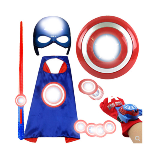 Children‘s Captain America Toy Cloak Shield Glowing Mask Sword Launcher Halloween Party Performance Set