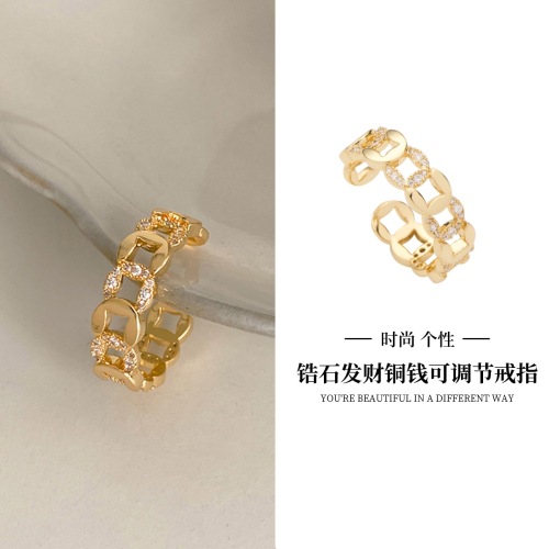 creative design hollow retro personalized coin ring internet celebrity same style zircon open ring adjustable all-match