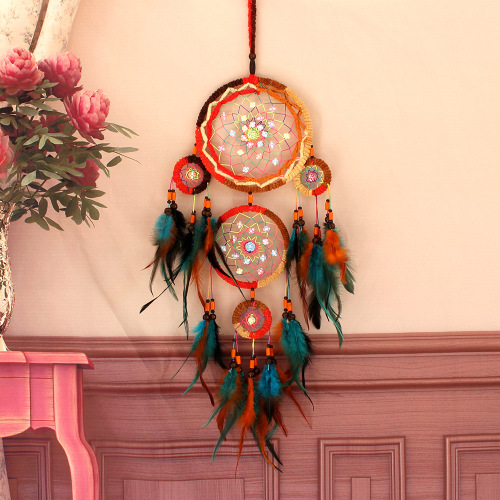 Colorful Feather Five-Ring Dream Catcher Warm Indoor Home Decoration Bedside Wind Chimes Pendant Creative Gift Wall Hanging 