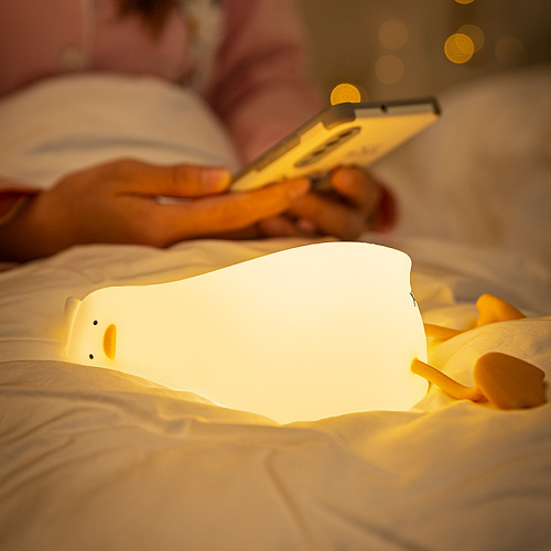 Lying Flat Duck Small Night Lamp Children‘s Pat Induction Silicone Light Cute Bedside Baby Nursing USB Timing Sleeping Light 