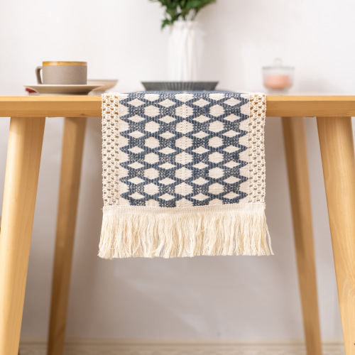 New Cotton and Linen Table Runner Two-Color Jacquard Stitching with Tassel Long Table Cloth Towel Table Decoration Cover Cloth Table Runner Wholesale