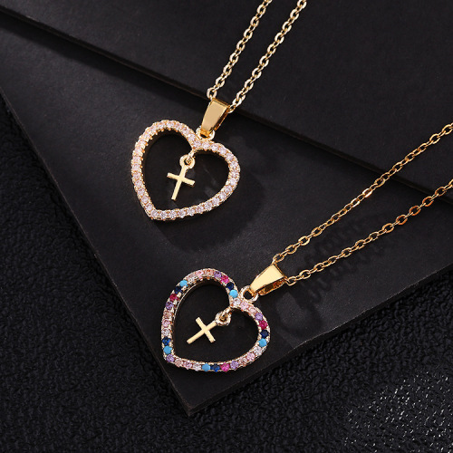 europe and america cross-border fashion amazon new jewelry micro-inlaid colorful zircon geometric cross pendant heart necklace