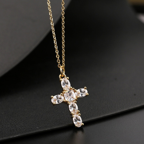 Cross-Border Religious Jesus Simple Retro Crystal Geometric Gold-Plated Micro Inlaid Zircon Cross Necklace Pendant Clavicle Chain