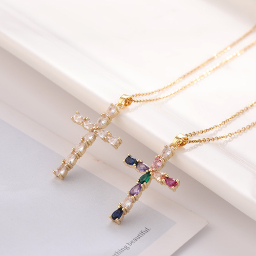 european and american cross-border popular fashion religious women jewelry real gold plating micro-inlaid colorful zircon water drop cross necklace