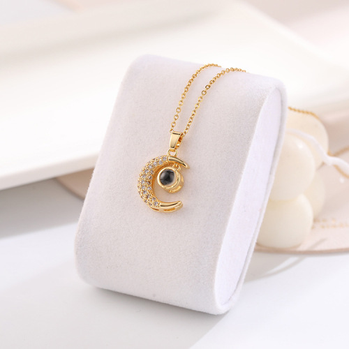 Internet Celebrity Same Style All-Matching Personalized Minority 520 Hundred Languages Moon Projection Heart Sutra Necklace Pendant Clavicle Chain