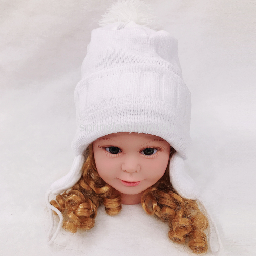 Spring Lady All White Knitted Hat Autumn and Winter Baby Woolen Cap Boys and Girls Thermal and Windproof Ear Protection Children Hat