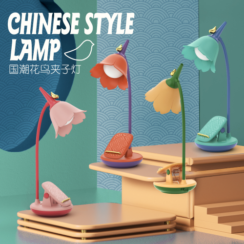 factory direct creative national fashion flower and bird touch clip table lamp usb charging three-speed control multifunctional table lamp
