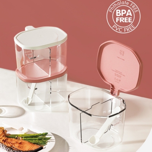 wholesale fashion simple double grid condiment dispenser with handle transparent pet drop-resistant seasoning box with spoon seasoning jar
